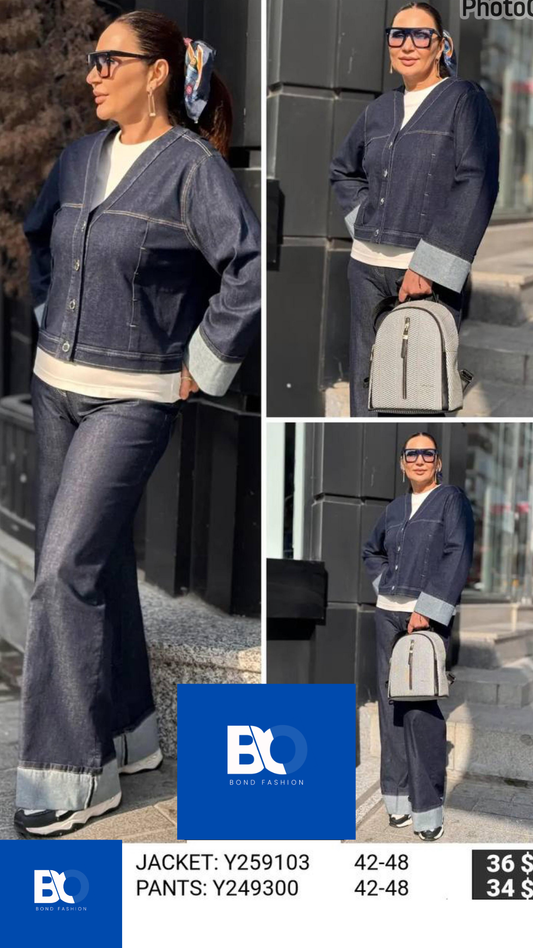 Woman Fashion Navy Blue Denim+Coat Set